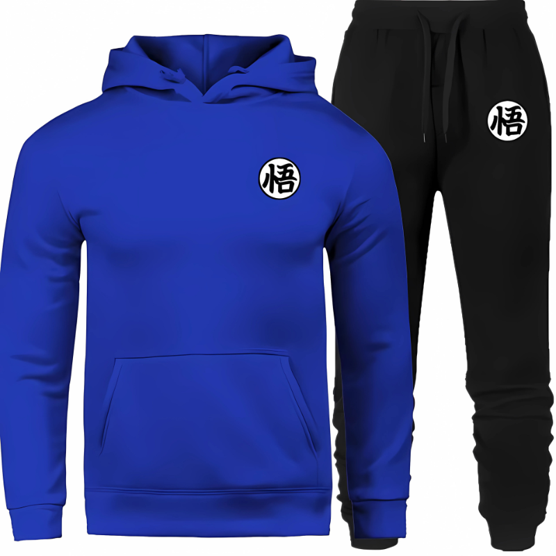 Ensemble jogging Dragon Ball Z composé d’un sweat à capuche bleu royal et d’un pantalon noir, tous deux ornés du symbole japonais "悟". Idéal pour les fans de manga et d’anime recherchant un look sportif, audacieux et confortable.
