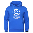 Sweat à capuche bleu Capsule Corp avec logo glitché blanc, style moderne et confortable pour les fans de Dragon Ball.