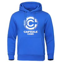 Sweat à capuche bleu Capsule Corp avec logo glitché blanc, style moderne et confortable pour les fans de Dragon Ball.