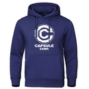 Sweat à capuche gris Capsule Corp avec logo glitché blanc, look urbain et décontracté pour les fans de Dragon Ball.