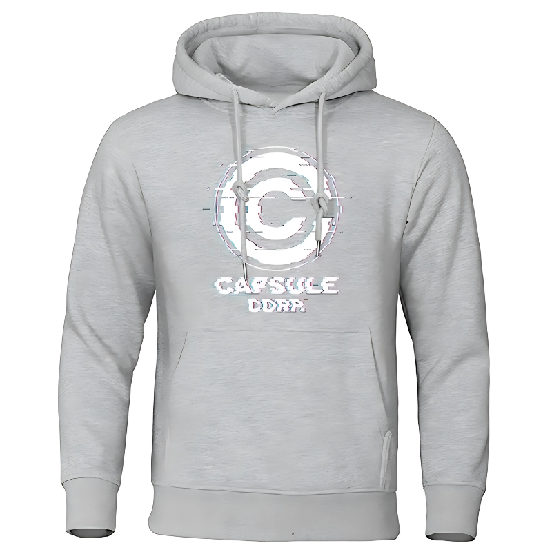 Sweat à capuche gris clair Capsule Corp avec logo glitché blanc, design moderne et inspiré de Dragon Ball.