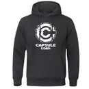 Sweat à capuche noir Capsule Corp, avec le logo glitché blanc emblématique au centre, design épuré et confortable.