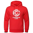 Sweat à capuche rouge Capsule Corp avec le logo glitché blanc, style urbain et confortable pour les passionnés de Dragon Ball.
