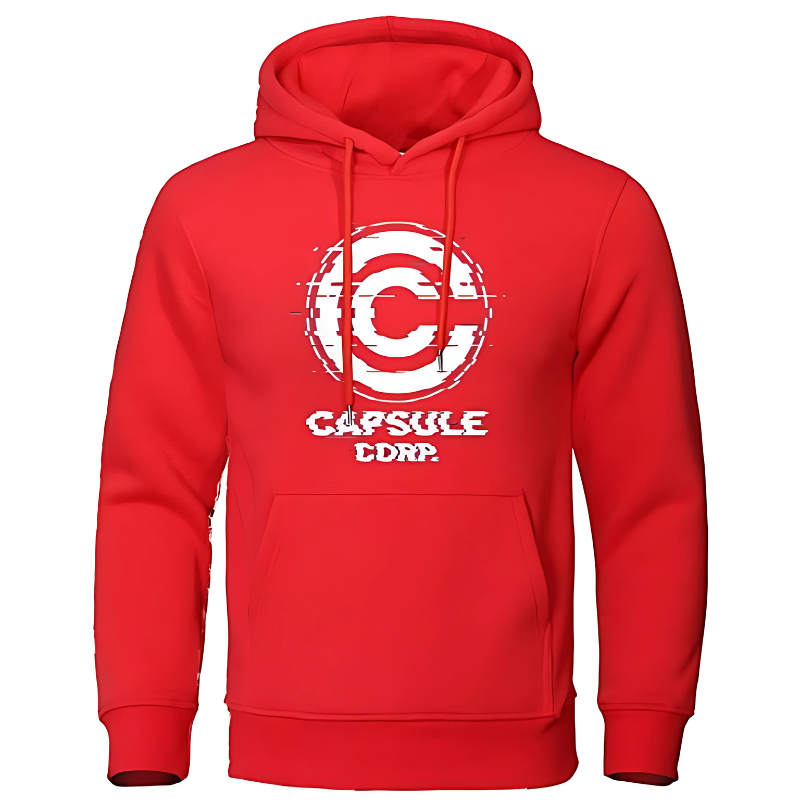 Sweat à capuche rouge Capsule Corp avec le logo glitché blanc, style urbain et confortable pour les passionnés de Dragon Ball.