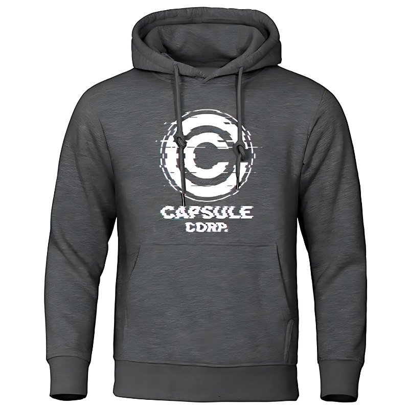 Sweat à capuche avec le logo "Capsule Corp" en style glitch, parfait pour les fans de Dragon Ball Z recherchant un look moderne et unique.