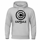 Sweat gris clair avec capuche, logo Capsule Corporation blanc sur la poitrine, design élégant inspiré de Dragon Ball Z.