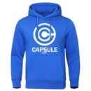 Sweat à capuche bleu avec logo Capsule Corporation blanc sur la poitrine, style classique et inspiré de Dragon Ball Z.