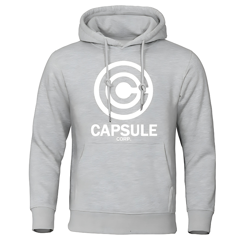 Sweat gris clair avec capuche, logo Capsule Corporation blanc sur la poitrine, design élégant inspiré de Dragon Ball Z.