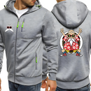 Veste à capuche gris clair avec motif Tortue Géniale imprimé au dos, lunettes et moustache humoristiques à l'avant, poches zippées vert fluo, idéale pour les fans de Dragon Ball et d'univers manga.
