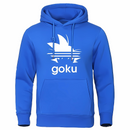 Sweat à capuche bleu vif avec logo cheveux Saiyan blanc et texte "Goku", idéal pour un look geek et tendance.