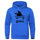 Sweat à capuche bleu vif avec logo cheveux Saiyan noir et texte "Goku", parfait pour afficher votre passion geek.