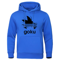 Sweat à capuche bleu vif avec logo cheveux Saiyan noir et texte "Goku", parfait pour afficher votre passion geek.