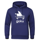 Sweat à capuche bleu marine avec logo cheveux Saiyan blanc et texte "Goku", idéal pour afficher votre passion pour l'univers Saiyan.