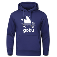 Sweat à capuche bleu marine avec logo cheveux Saiyan blanc et texte "Goku", idéal pour afficher votre passion pour l'univers Saiyan.
