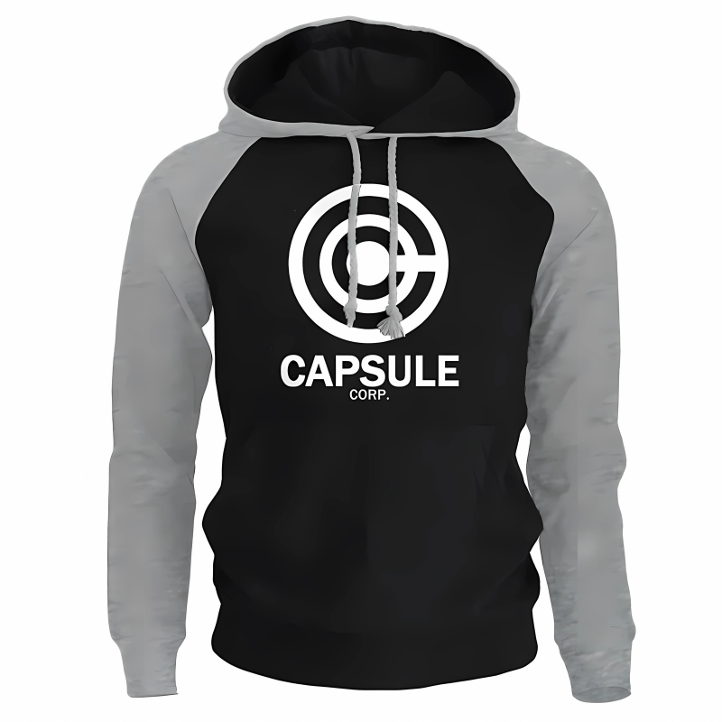 Sweat à capuche bicolore noir avec manches grises, affichant le logo blanc de Capsule Corp sur le devant. Doté de cordons gris et d'une coupe confortable, ce hoodie est parfait pour les fans d'animés et de streetwear moderne.