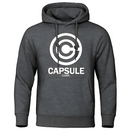 Sweat à capuche gris avec le logo Capsule Corp en blanc, emblématique de Dragon Ball Z. Un vêtement stylé et confortable, parfait pour les passionnés de manga et d’anime. Idéal pour afficher votre amour pour l’univers de Goku et Bulma.