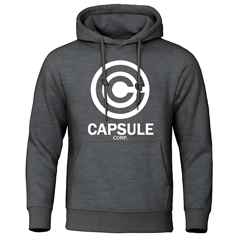 Sweat à capuche gris avec le logo Capsule Corp en blanc, emblématique de Dragon Ball Z. Un vêtement stylé et confortable, parfait pour les passionnés de manga et d’anime. Idéal pour afficher votre amour pour l’univers de Goku et Bulma.