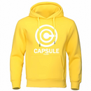 Sweat à capuche jaune avec le logo Capsule Corp en blanc, issu de l’univers Dragon Ball Z. Un vêtement tendance et confortable, idéal pour les fans d’anime et de manga passionnés par les aventures de Goku et ses amis.
