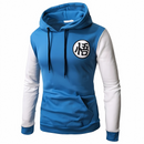 Sweat à capuche bleu avec manches blanches et logo kanji "悟" imprimé sur la poitrine, inspiré de l'univers Dragon Ball, idéal pour un look casual et geek.
