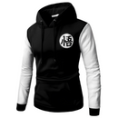 Sweat à capuche noir avec manches blanches et logo kanji "悟" imprimé sur la poitrine, inspiré de l'univers Dragon Ball, parfait pour un look minimaliste et geek.

