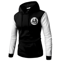 Sweat à capuche noir avec manches blanches et logo kanji "悟" imprimé sur la poitrine, inspiré de l'univers Dragon Ball, parfait pour un look minimaliste et geek.

