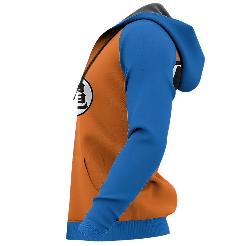 Vue latérale d'un sweat à capuche orange et bleu inspiré de Goku, mettant en valeur la poche kangourou et un logo emblématique sur le côté. Les manches bleues contrastent harmonieusement avec le corps orange du vêtement.