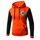 Sweat à capuche orange avec manches noires et logo kanji "悟" imprimé sur la poitrine, inspiré de la tenue classique de Goku dans Dragon Ball, parfait pour les fans d'anime et de style geek.