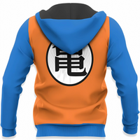 Vue arrière d'un sweat à capuche orange et bleu inspiré de Goku, présentant le symbole "Kame" emblématique en noir sur un fond blanc, centré dans le dos. La capuche est noire pour compléter le style iconique.