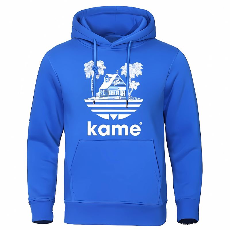 Sweat à capuche bleu vif avec logo représentant la maison de Kame (Tortue Géniale) et des palmiers, inspiré de l'univers Dragon Ball, parfait pour les fans de manga et d'anime.