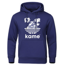 Sweat à capuche bleu marine avec logo blanc représentant la maison de Kame (Tortue Géniale) et des palmiers, design inspiré de l'univers Dragon Ball, parfait pour un look élégant et geek.