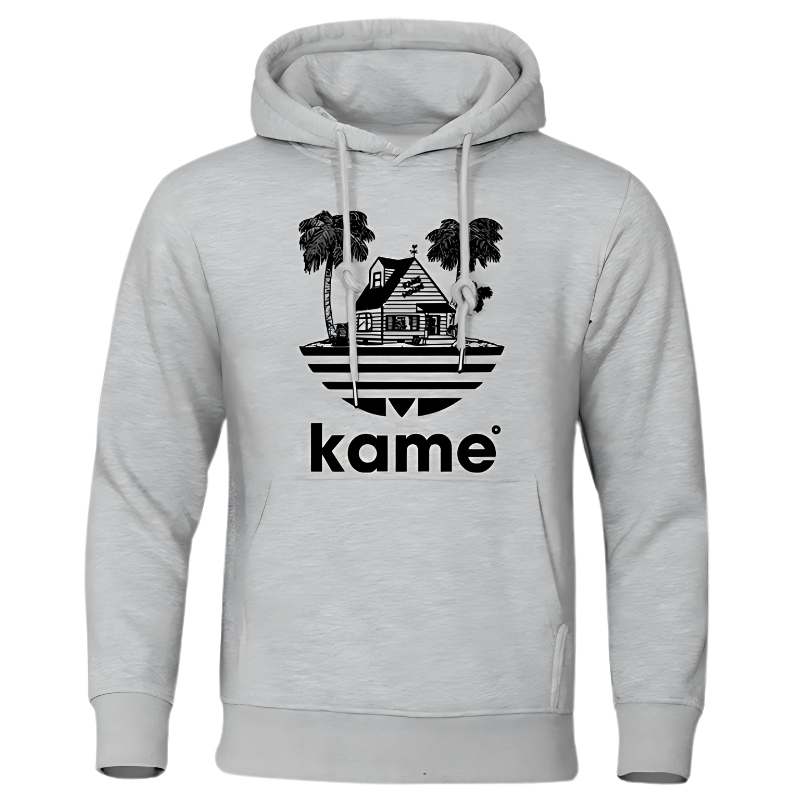 Sweat à capuche gris clair avec logo noir représentant la maison de Kame (Tortue Géniale) entourée de palmiers, design minimaliste inspiré de l'univers Dragon Ball, idéal pour un look casual et geek.