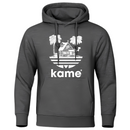 Sweat à capuche gris foncé avec logo représentant la maison de Kame (Tortue Géniale) entourée de palmiers, design inspiré de l'univers Dragon Ball, idéal pour un style casual et geek.

