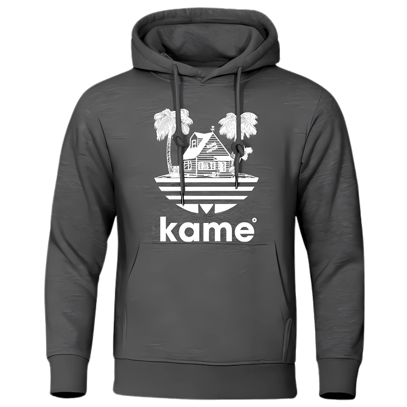 Sweat à capuche gris foncé avec logo représentant la maison de Kame (Tortue Géniale) entourée de palmiers, design inspiré de l'univers Dragon Ball, idéal pour un style casual et geek.

