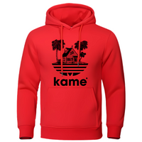 Sweat à capuche rouge avec logo noir représentant la maison de Kame (Tortue Géniale) entourée de palmiers, design audacieux inspiré de l'univers Dragon Ball, parfait pour un style unique et geek.

