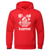 Sweat à capuche rouge vif avec logo blanc représentant la maison de Kame (Tortue Géniale) et des palmiers, inspiré de l'univers Dragon Ball, parfait pour les fans d'anime et de mode geek.
