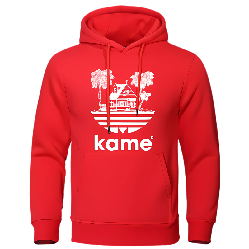Sweat à capuche rouge vif avec logo blanc représentant la maison de Kame (Tortue Géniale) et des palmiers, inspiré de l'univers Dragon Ball, parfait pour les fans d'anime et de mode geek.