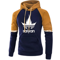 Sweat à capuche bleu marine avec manches camel, logo Saiyan imprimé sur la poitrine et inscription "Sports" sur les manches, style streetwear et sportif, idéal pour les amateurs de mode et de manga.