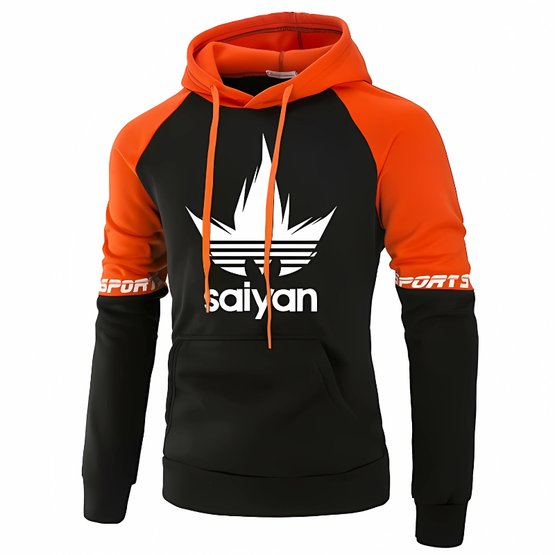 Sweat à capuche noir avec manches orange contrastantes, logo Saiyan imprimé sur la poitrine et inscription "Sports" sur les manches, idéal pour un look dynamique et inspiré de l'univers manga.
