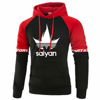 Sweat à capuche noir avec manches rouges contrastantes, logo Saiyan imprimé sur la poitrine et inscription "Sports" sur les manches, idéal pour les fans de mode streetwear et d'univers manga.