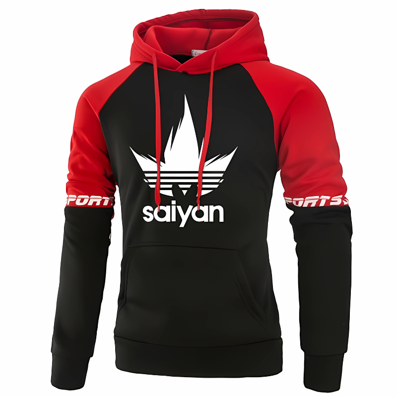 Sweat à capuche noir avec manches rouges contrastantes, logo Saiyan imprimé sur la poitrine et inscription "Sports" sur les manches, idéal pour les fans de mode streetwear et d'univers manga.