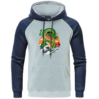 Sweat à capuche gris et bleu marine avec une illustration de Shenron, le dragon légendaire de Dragon Ball Z, intégrée dans un design artistique mêlant culture manga et esthétique japonaise. Idéal pour les passionnés de manga et d’anime à la recherche d’un vêtement confortable et stylé.