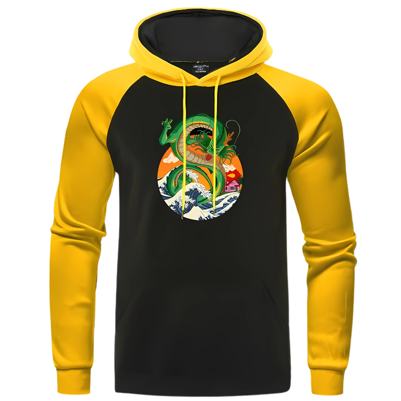 Sweat à capuche noir et jaune avec un design représentant Shenron, le dragon mythique de Dragon Ball Z, dans un style artistique unique mêlant culture manga et paysage japonais. Idéal pour les fans d’anime souhaitant un vêtement confortable et stylé.