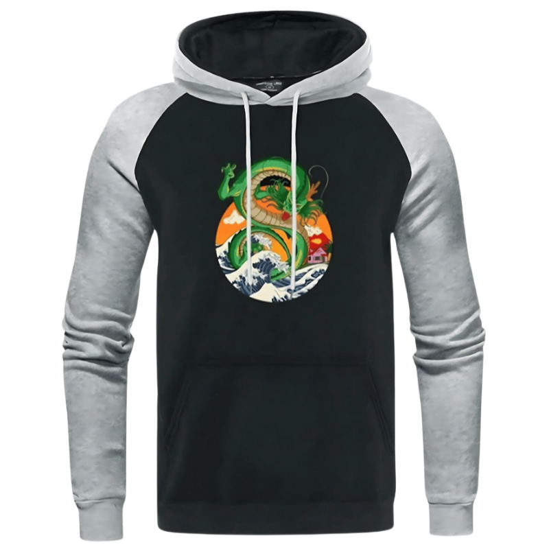 Sweat à capuche noir avec manches grises, illustré de Shenron, le dragon légendaire de Dragon Ball Z. Ce design intègre des éléments inspirés de l’art japonais et offre un look unique et confortable pour les fans de manga et d’anime.