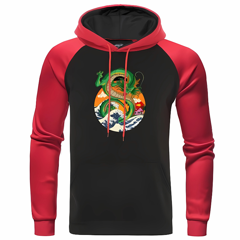 Sweat à capuche noir et rouge avec une illustration de Shenron, le dragon mythique de Dragon Ball Z. Ce design artistique intègre des éléments japonais et manga, offrant un look stylé et confortable pour les fans de l’univers de Goku.