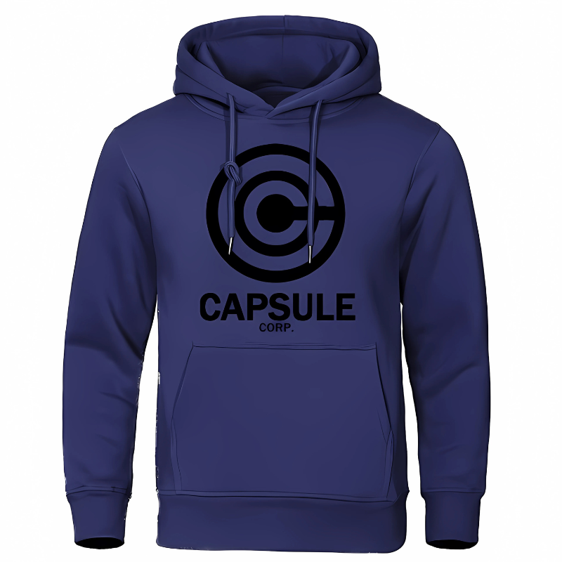Sweat à capuche bleu marine avec le logo Capsule Corp en noir, emblématique de l’univers Dragon Ball Z. Idéal pour les fans de manga et d’anime, ce vêtement offre un style unique et un confort parfait, inspiré par la célèbre entreprise de Bulma.