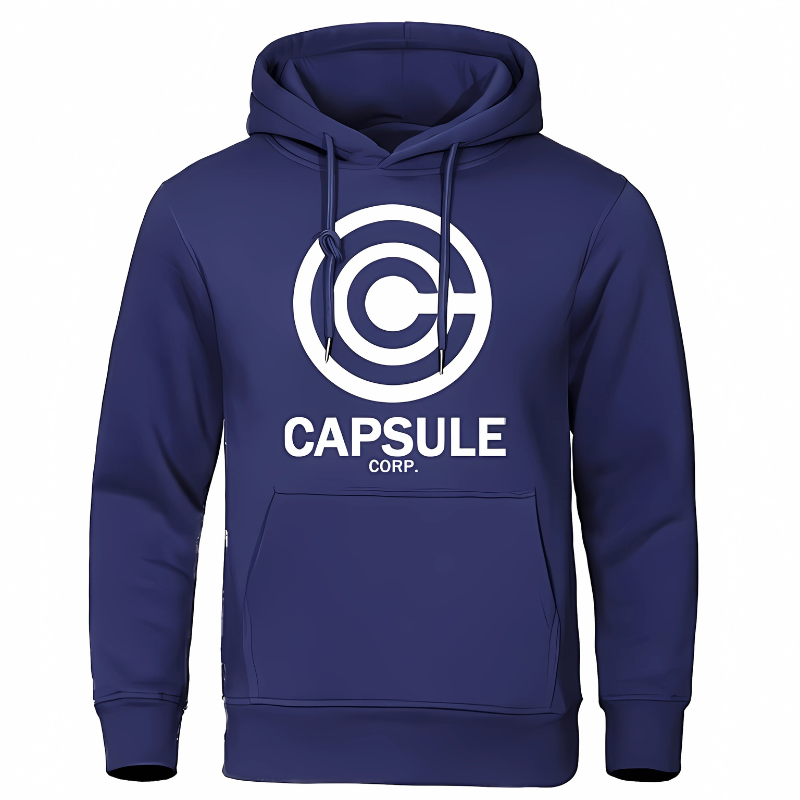Sweat à capuche bleu marine avec le logo Capsule Corp en blanc, tiré de l’univers Dragon Ball Z. Ce vêtement stylé et confortable est parfait pour les passionnés de manga et d’anime, mettant en valeur l’emblématique entreprise de Bulma.