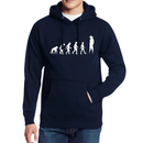 Sweat bleu marine avec design "Évolution" montrant la progression de l'homme vers le Saiyan, idéal pour un look geek et tendance.