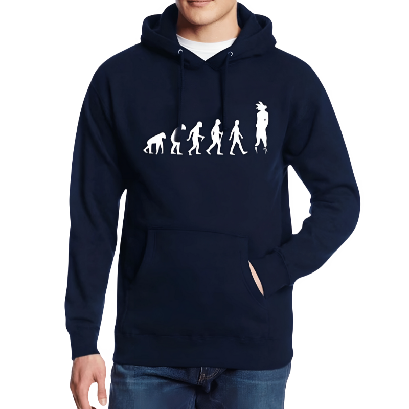 Sweat bleu marine avec design "Évolution" montrant la progression de l'homme vers le Saiyan, idéal pour un look geek et tendance.