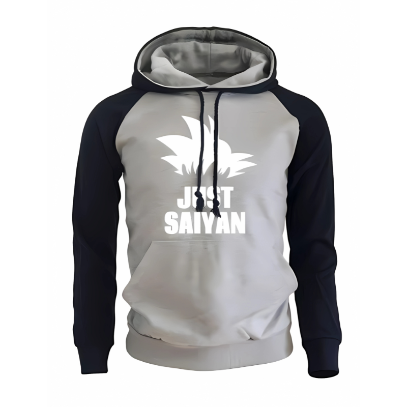 Sweat à capuche gris clair avec manches bleu marine, texte blanc "Just Saiyan" et motif cheveux Saiyan sur la poitrine, idéal pour les amateurs de style geek et casual.