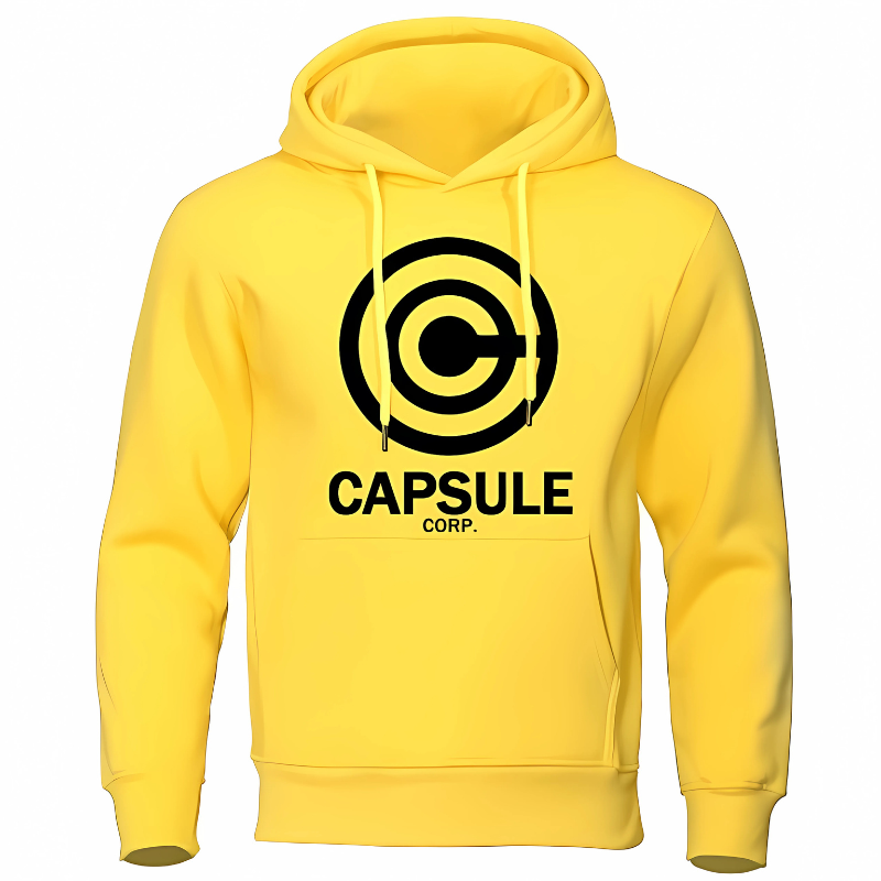 Sweat à capuche jaune vif avec le logo Capsule Corp en noir, inspiré de l’univers Dragon Ball Z. Parfait pour les fans d’anime et de manga qui souhaitent un style unique et confortable.